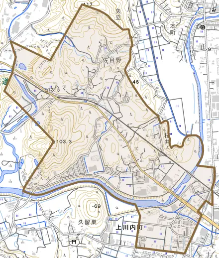 上川内町とその周辺の地図。町の範囲を重ねている