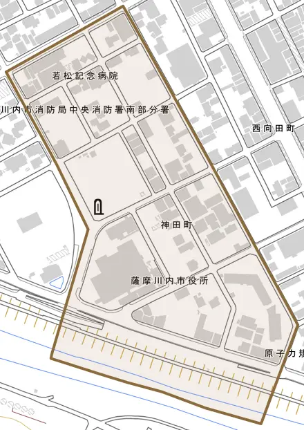 神田町とその周辺の地図。町の範囲を重ねている