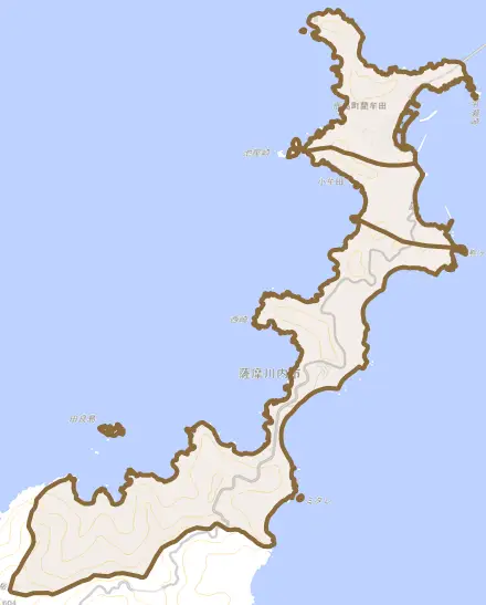 鹿島町藺牟田とその周辺の地図。町の範囲を重ねている