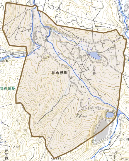 川永野町とその周辺の地図。町の範囲を重ねている