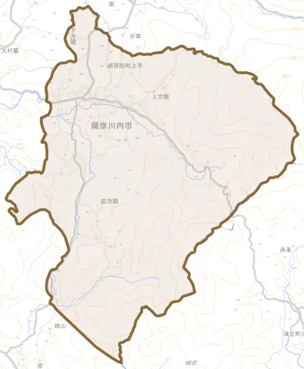 祁答院町上手とその周辺の地図。町の範囲を重ねている