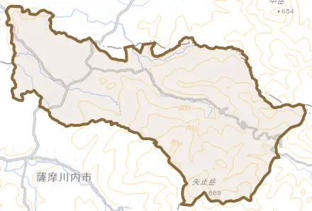 祁答院町黒木とその周辺の地図。町の範囲を重ねている