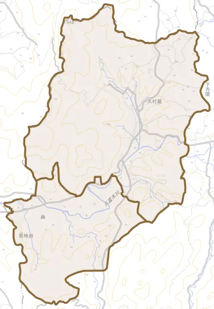 祁答院町下手とその周辺の地図。町の範囲を重ねている