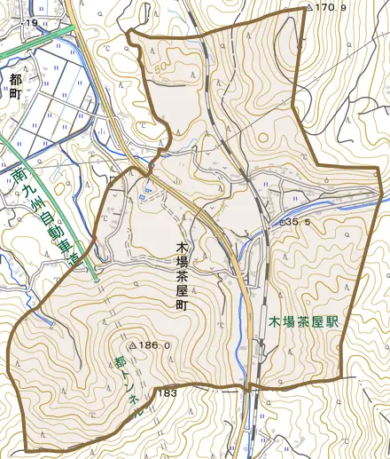 木場茶屋町とその周辺の地図。町の範囲を重ねている