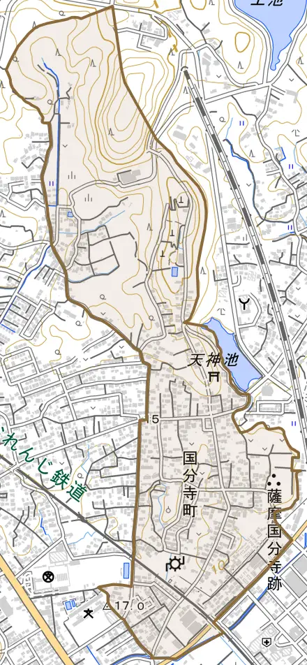国分寺町とその周辺の地図。町の範囲を重ねている