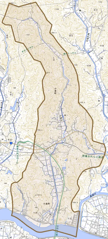 小倉町とその周辺の地図。町の範囲を重ねている