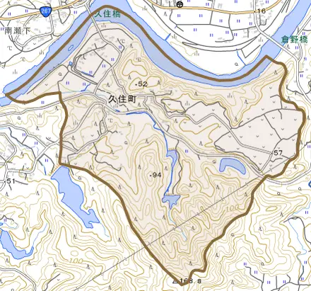 久住町とその周辺の地図。町の範囲を重ねている