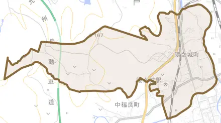 隈之城町とその周辺の地図。町の範囲を重ねている