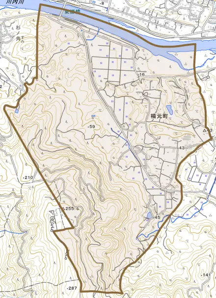 楠元町とその周辺の地図。町の範囲を重ねている