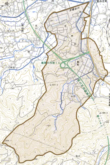 都町とその周辺の地図。町の範囲を重ねている