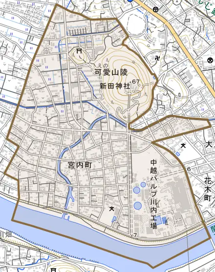 宮内町とその周辺の地図。町の範囲を重ねている