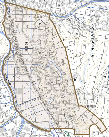 宮崎町とその周辺の地図。町の範囲を重ねている