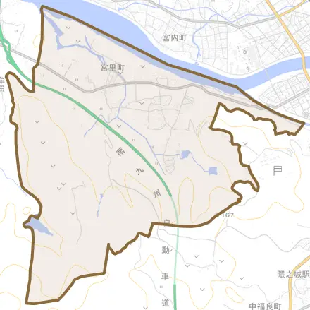 宮里町とその周辺の地図。町の範囲を重ねている