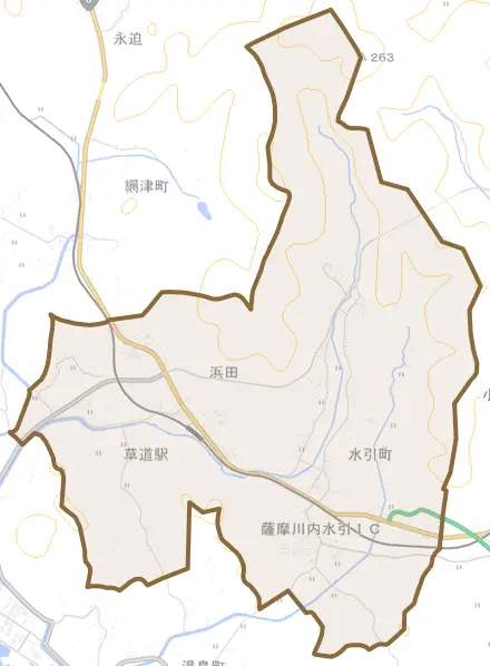 水引町とその周辺の地図。町の範囲を重ねている