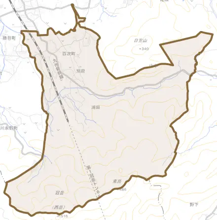百次町とその周辺の地図。町の範囲を重ねている