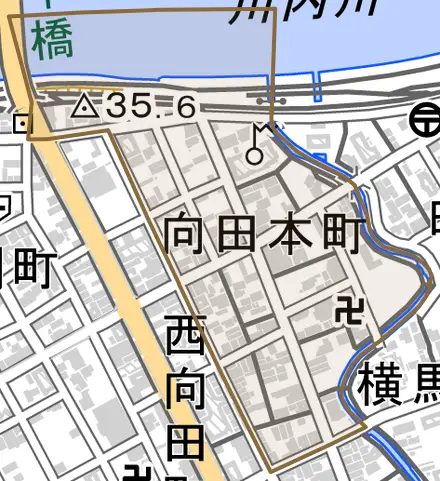 向田本町とその周辺の地図。町の範囲を重ねている