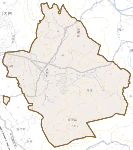 永利町とその周辺の地図。町の範囲を重ねている