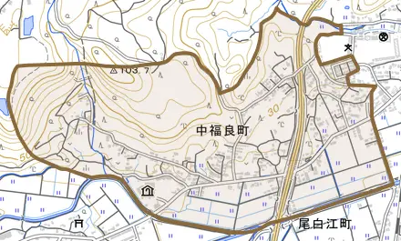 中福良町とその周辺の地図。町の範囲を重ねている