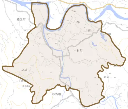 中村町とその周辺の地図。町の範囲を重ねている