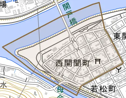 西開聞町とその周辺の地図。町の範囲を重ねている
