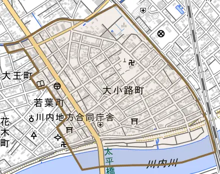 大小路町とその周辺の地図。町の範囲を重ねている