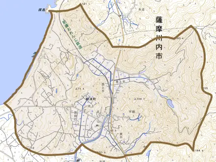 網津町とその周辺の地図。町の範囲を重ねている