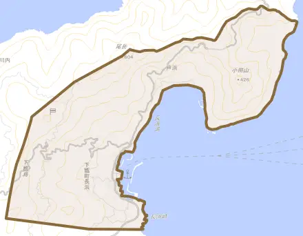 下甑町長浜とその周辺の地図。町の範囲を重ねている