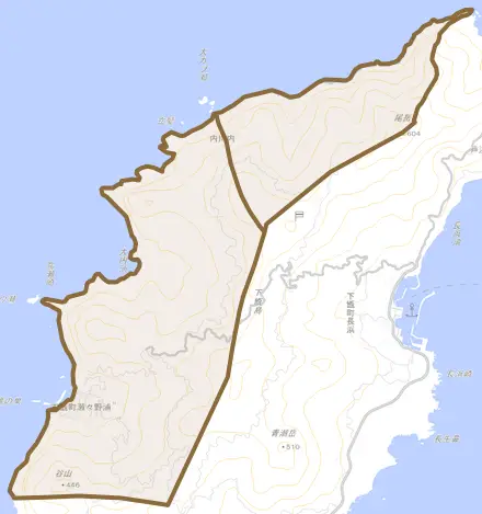 下甑町瀬々野浦とその周辺の地図。町の範囲を重ねている