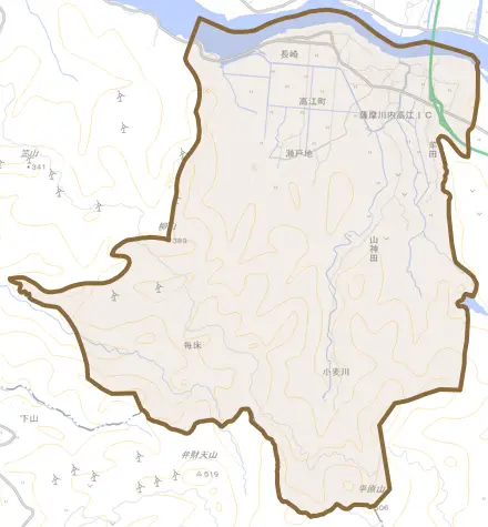 高江町とその周辺の地図。町の範囲を重ねている