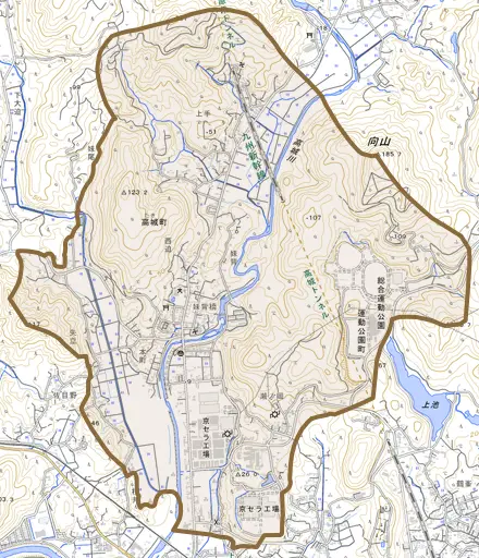 高城町とその周辺の地図。町の範囲を重ねている
