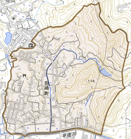 田崎町とその周辺の地図。町の範囲を重ねている