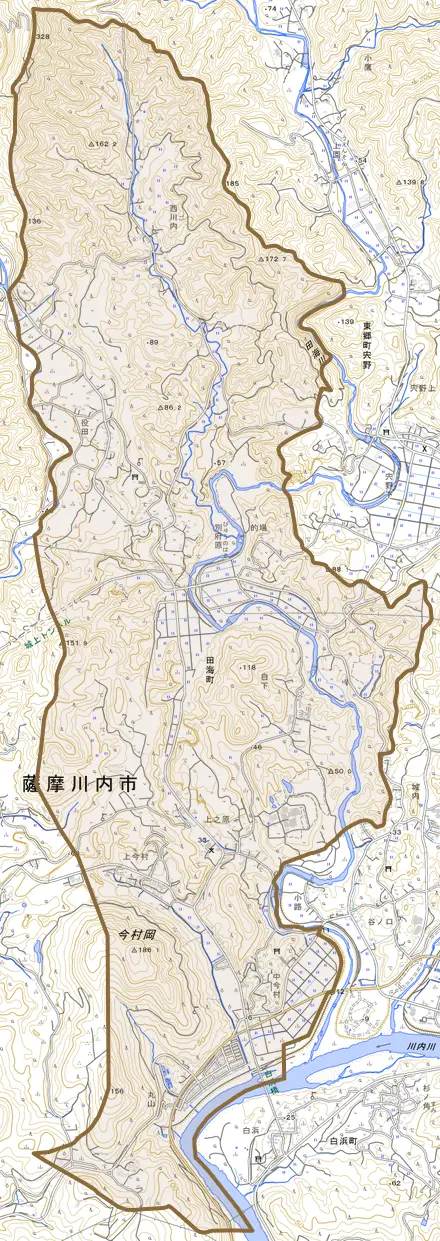 田海町とその周辺の地図。町の範囲を重ねている