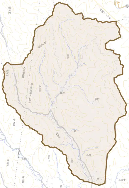 東郷町藤川とその周辺の地図。町の範囲を重ねている