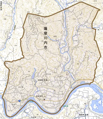 東郷町南瀬とその周辺の地図。町の範囲を重ねている