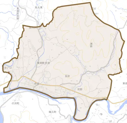 東郷町斧渕とその周辺の地図。町の範囲を重ねている