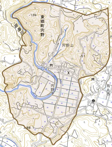 東郷町宍野とその周辺の地図。町の範囲を重ねている
