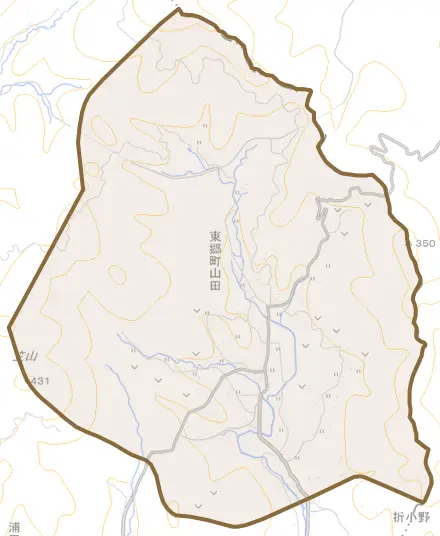 東郷町山田とその周辺の地図。町の範囲を重ねている
