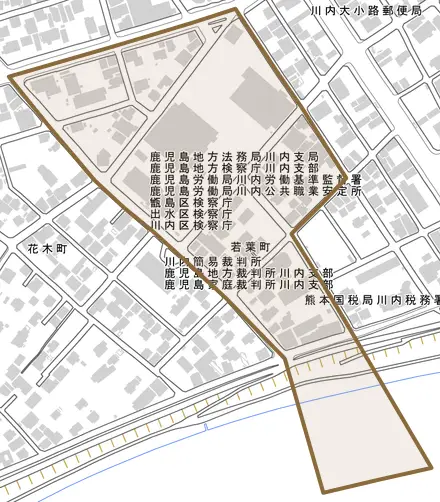 若葉町とその周辺の地図。町の範囲を重ねている