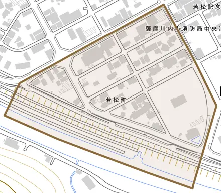 若松町とその周辺の地図。町の範囲を重ねている