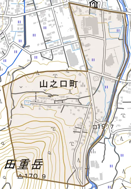 山之口町とその周辺の地図。町の範囲を重ねている