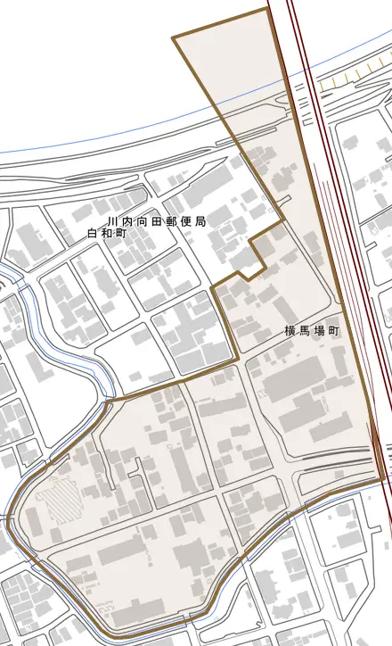 横馬場町とその周辺の地図。町の範囲を重ねている