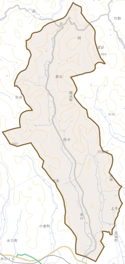 陽成町とその周辺の地図。町の範囲を重ねている