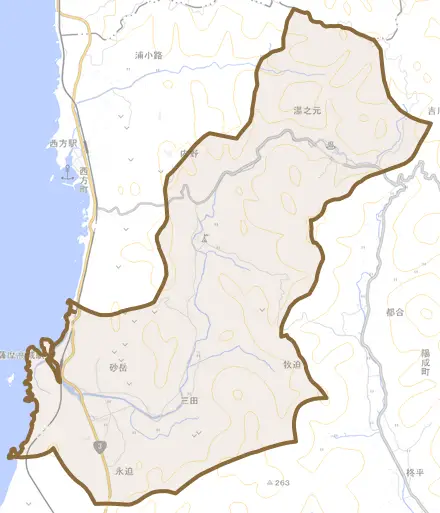 湯田町とその周辺の地図。町の範囲を重ねている