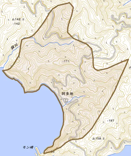 大字阿多地とその周辺の地図。町の範囲を重ねている