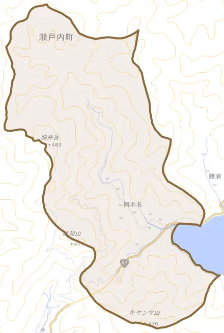 大字阿木名とその周辺の地図。町の範囲を重ねている