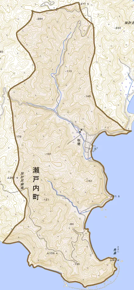 大字秋徳とその周辺の地図。町の範囲を重ねている