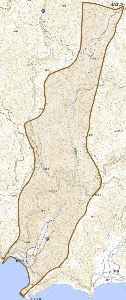 大字網野子とその周辺の地図。町の範囲を重ねている