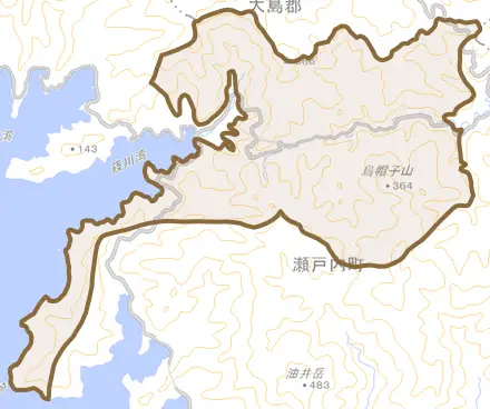 大字阿室釜とその周辺の地図。町の範囲を重ねている