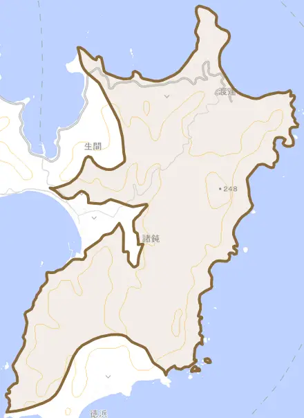 大字渡連とその周辺の地図。町の範囲を重ねている