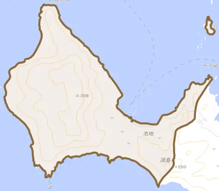 大字池地とその周辺の地図。町の範囲を重ねている